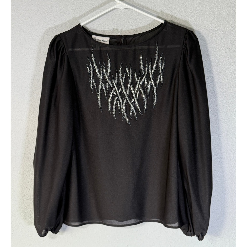 Boston Maid Black Sheer Long Sleeve‎ Embellished Top Size 8